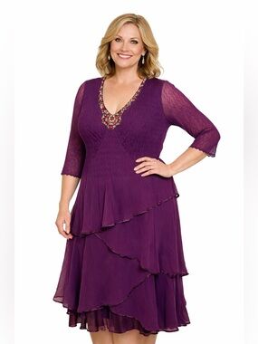 Komarov crinkle beaded dress size XL mother of bride ruffle charmeuse chiffon